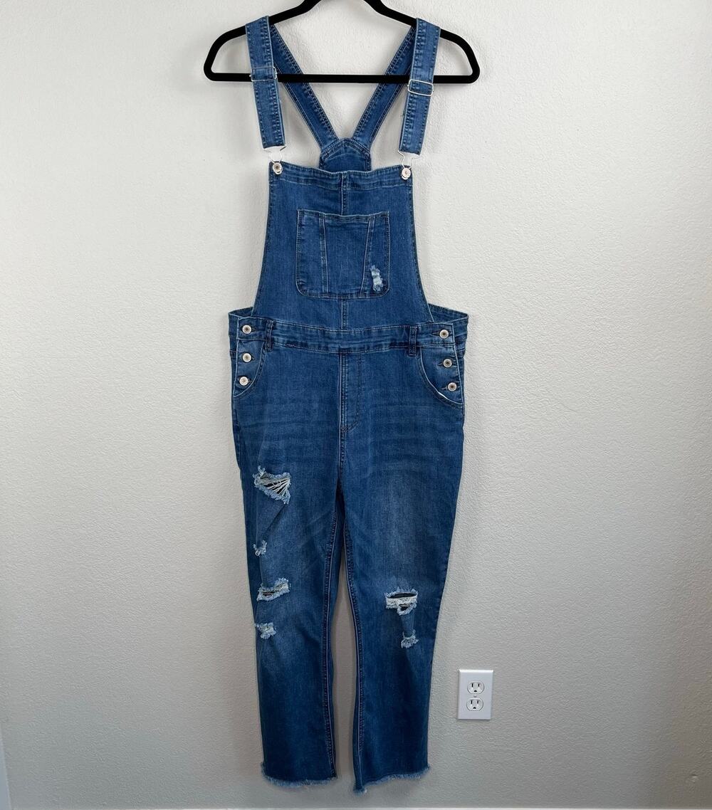 Distressed Denim Jean Overalls Blue Medium Wash XL Raw Hem Ankle